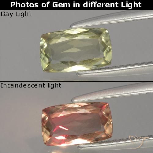 1.15캐럿 천연 라이트 골든 옐로우 색상 변화 디아스포어, 쿠션 컷, VVS-VS