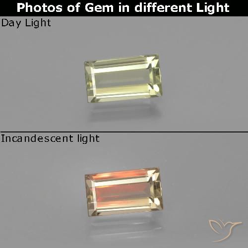 1.41캐럿 천연 매우 연한 옐로우 컬러체인지 디아스포어, 바게트, 8.4×4.8 mm, VVS