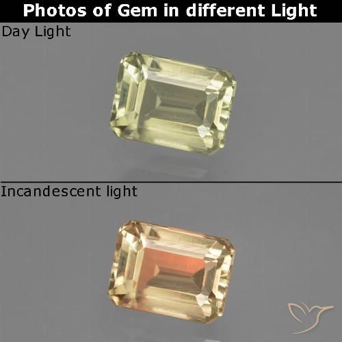 0.91ct 자연스러운 연두색 색상 변화 디아스포어, 에메랄드 컷, VVS-VS