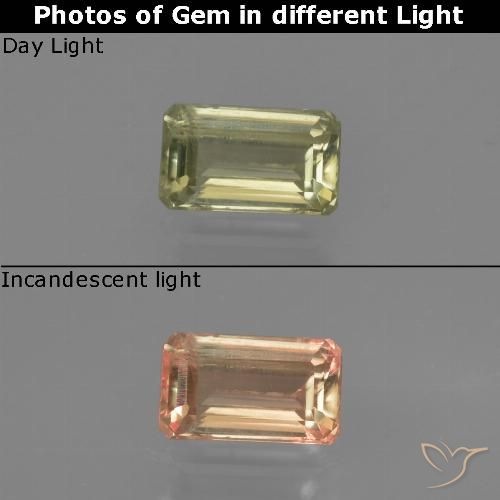 0.70ct 자연스러운 연두색 색상 변화 디아스포어, 에메랄드 컷, VS