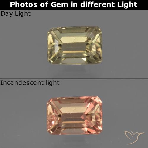 0.86ct 자연스러운 미디엄 옐로우 색상 변화 디아스포어, 에메랄드 컷, VS