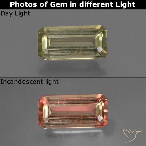 0.91ct 자연스러운 미디엄 옐로우 색상 변화 디아스포어, 에메랄드 컷, VS