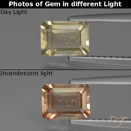 0.78ct 자연스러운 미디엄 옐로우 색상 변화 디아스포어, 에메랄드 컷, VS