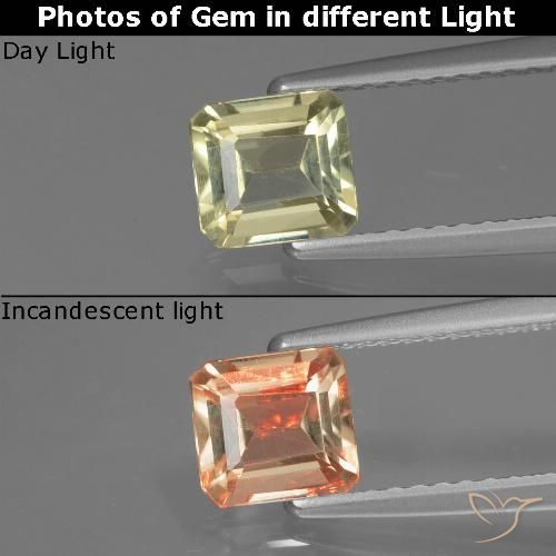 0.80ct 자연스러운 옐로우 베이지 색상 변화 디아스포어, 에메랄드 컷, VS