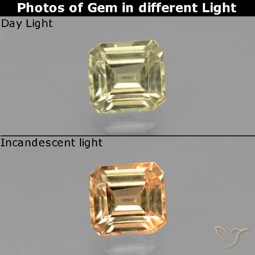 0.87ct 자연스러운 그윽한 노란색 색상 변화 디아스포어, 에메랄드 컷, VS