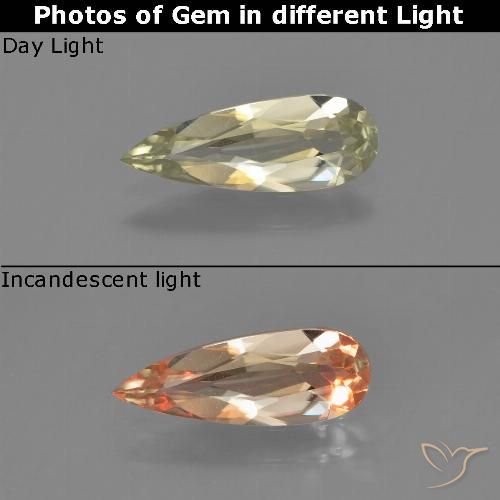 0.76ct 자연스러운 미디엄 옐로우 색상 변화 디아스포어, 배 모양, VVS-VS