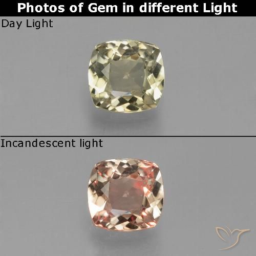 0.66캐럿 천연 매우 밝은 황금색 컬러체인지 디아스포어, 쿠션 컷, 5.4×5.2 mm, VVS-VS