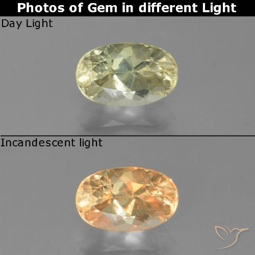 1.35캐럿 천연 옅은 노랑 컬러체인지 디아스포어, 타원형 컷, 8.2×5.2 mm, VS-SI