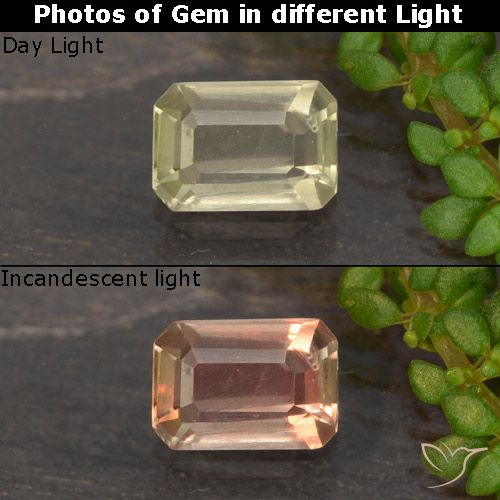 0.53ct 자연스러운 옐로우 베이지 색상 변화 디아스포어, 에메랄드 컷, VVS-VS