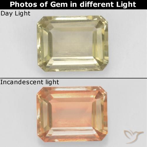 0.82ct 자연스러운 옐로우 베이지 색상 변화 디아스포어, 에메랄드 컷, VS