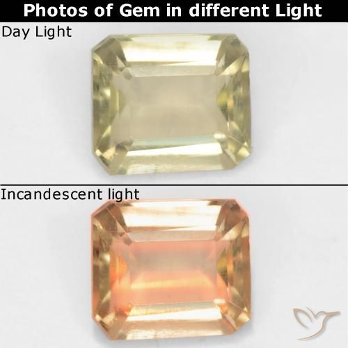 0.94ct 자연스러운 옐로우 베이지 색상 변화 디아스포어, 에메랄드 컷, VS