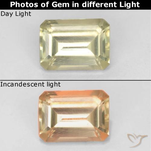 0.73ct 자연스러운 옐로우 베이지 색상 변화 디아스포어, 에메랄드 컷, VS