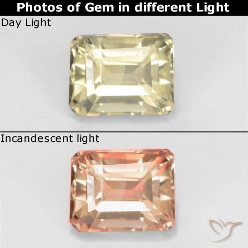 0.85ct 자연스러운 옐로우 베이지 색상 변화 디아스포어, 에메랄드 컷, VS