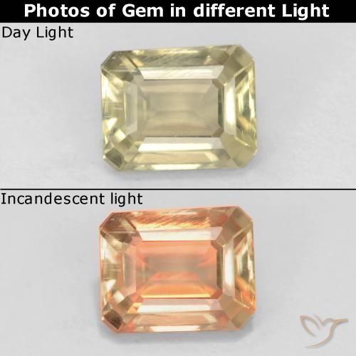 0.79ct 자연스러운 옐로우 베이지 색상 변화 디아스포어, 에메랄드 컷, VS