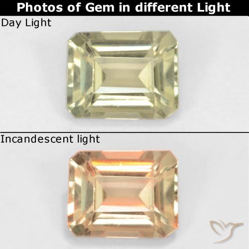 0.77ct 자연스러운 매우 밝은 노란색 색상 변화 디아스포어, 에메랄드 컷, VS