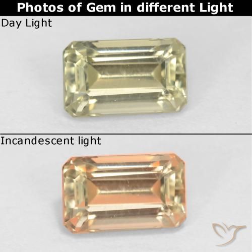 0.76ct 자연스러운 옅은 노랑 색상 변화 디아스포어, 에메랄드 컷, VS