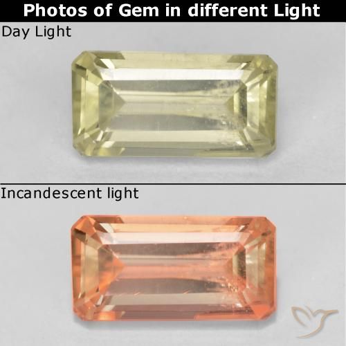 0.76ct 자연스러운 미디엄 옐로우 색상 변화 디아스포어, 에메랄드 컷, VS
