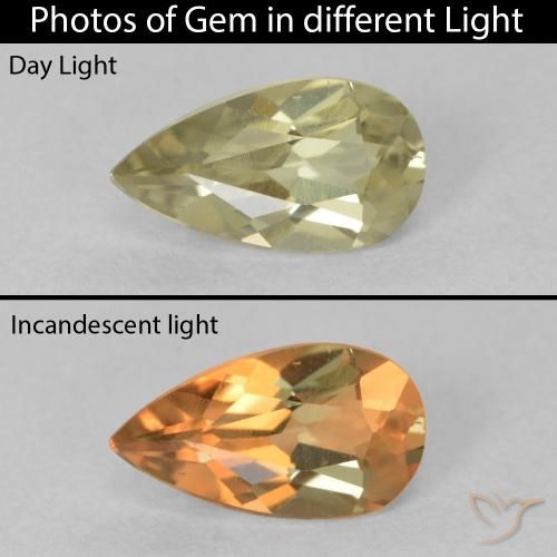 0.76ct 자연스러운 미디엄 옐로우 색상 변화 디아스포어, 배 모양, VVS