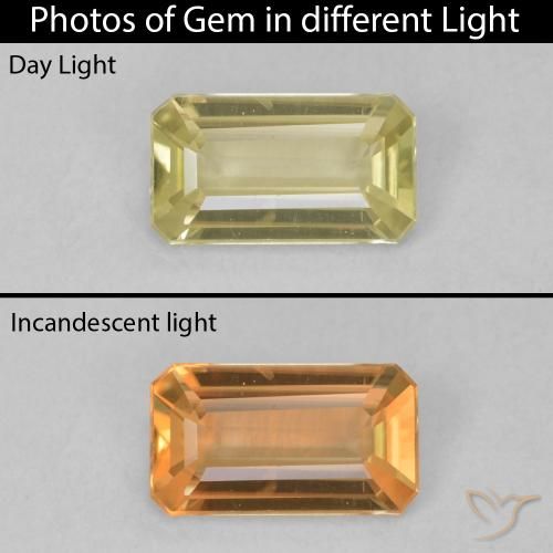 0.71ct 자연스러운 그윽한 노란색 색상 변화 디아스포어, 에메랄드 컷, VVS