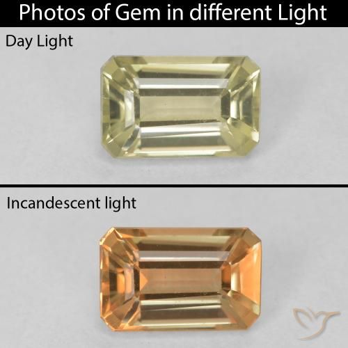 0.79ct 자연스러운 연노랑 색상 변화 디아스포어, 에메랄드 컷, VVS