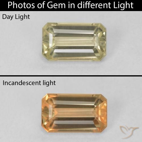 0.74ct 자연스러운 그윽한 노란색 색상 변화 디아스포어, 에메랄드 컷, VVS