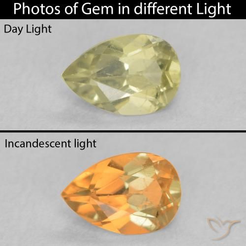 0.44ct 자연스러운 미디엄 옐로우 색상 변화 디아스포어, 배 모양, VS