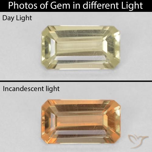 0.74ct 자연스러운 연두색 색상 변화 디아스포어, 에메랄드 컷, VS