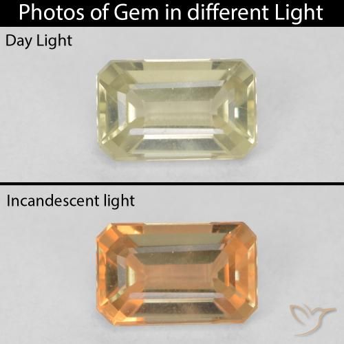 0.63ct 자연스러운 그윽한 노란색 색상 변화 디아스포어, 에메랄드 컷, VVS-VS