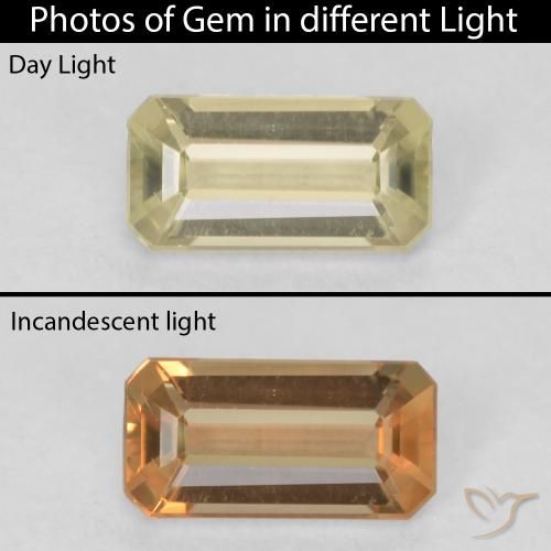 0.55ct 자연스러운 그윽한 노란색 색상 변화 디아스포어, 에메랄드 컷, VVS