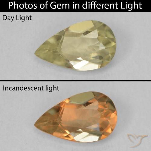 0.75ct 자연스러운 미디엄 옐로우 색상 변화 디아스포어, 배 모양, VVS
