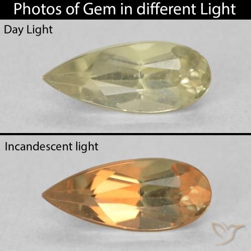 0.66ct 자연스러운 그윽한 노란색 색상 변화 디아스포어, 배 모양, VVS