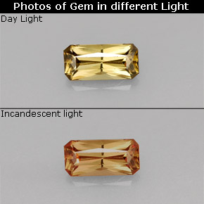 0.65캐럿 천연 골든 브라운에서 오렌지 컬러체인지 가넷, 에메랄드 컷, 7×3.4 mm, VVS-VS