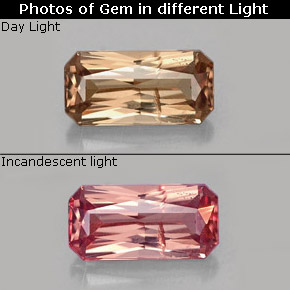 0.75캐럿 천연 녹갈색에서 레드핑크 컬러체인지 가넷, 에메랄드 컷, 7.1×3.5 mm, SI