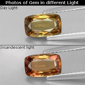 1.11캐럿 천연 골든 브라운 컬러체인지 가넷, 쿠션 컷, 7.8×4.8 mm, VVS-VS