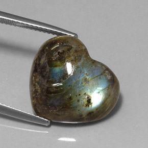 11.69캐럿 천연 멀티컬러 라브라도라이트, 하트 모양, 17.9×15.3 mm, 투명한