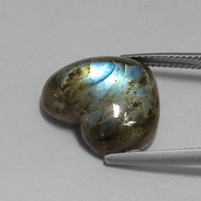 11.69캐럿 천연 멀티컬러 라브라도라이트, 하트 모양, 17.9×15.3 mm, 투명한
