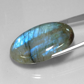 81.11캐럿 천연 멀티컬러 라브라도라이트, 타원형 컷, 40.3×27.4 mm, 투명한