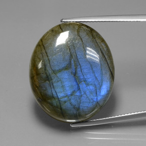 39.42캐럿 천연 그레이 블루 광택 라브라도라이트, 타원형 컷, 25.7×22 mm, 투명한