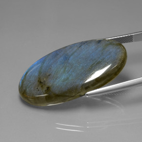 33.63캐럿 천연 그레이 블루 광택 라브라도라이트, 타원형 컷, 35.9×19.2 mm, 투명한