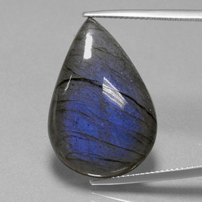27.70캐럿 천연 그레이 블루 광택 라브라도라이트, 배 모양, 27.1×18.2 mm, 투명한
