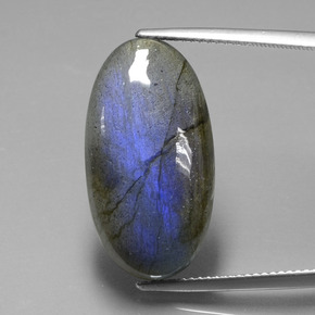 19.57캐럿 천연 그레이 블루 광택 라브라도라이트, 타원형 컷, 24.5×13.1 mm, 투명한