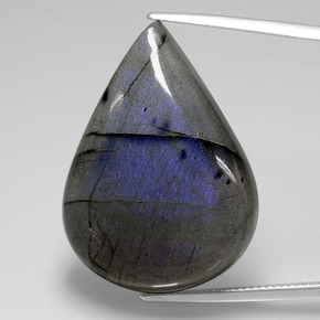 37.86캐럿 천연 그레이 블루 광택 라브라도라이트, 배 모양, 30.6×22.4 mm, 투명한