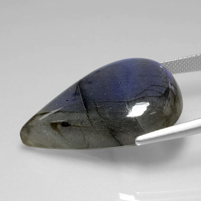 37.86캐럿 천연 그레이 블루 광택 라브라도라이트, 배 모양, 30.6×22.4 mm, 투명한