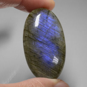 58.44캐럿 천연 그레이 블루 광택 라브라도라이트, 타원형 컷, 38.7×21.5 mm, 투명한