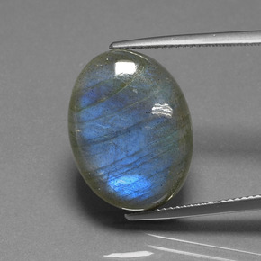 16.93캐럿 천연 그레이 블루 광택 라브라도라이트, 타원형 컷, 20.1×15.2 mm, 투명한