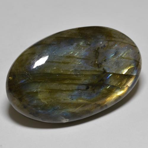 76.91캐럿 천연 멀티컬러 라브라도라이트, 타원형 컷, 41×25.2 mm, 투명한