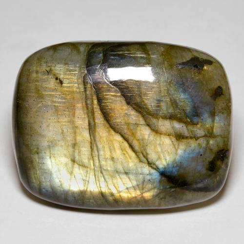 52.60캐럿 천연 멀티컬러 라브라도라이트, 쿠션 컷, 31.6×24.2 mm, 불투명체