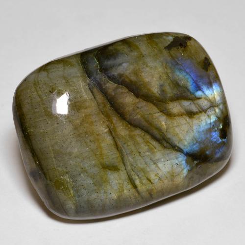 52.60캐럿 천연 멀티컬러 라브라도라이트, 쿠션 컷, 31.6×24.2 mm, 불투명체