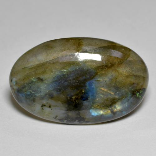 15.47캐럿 천연 멀티컬러 라브라도라이트, 타원형 컷, 24.8×15.5 mm, 투명한