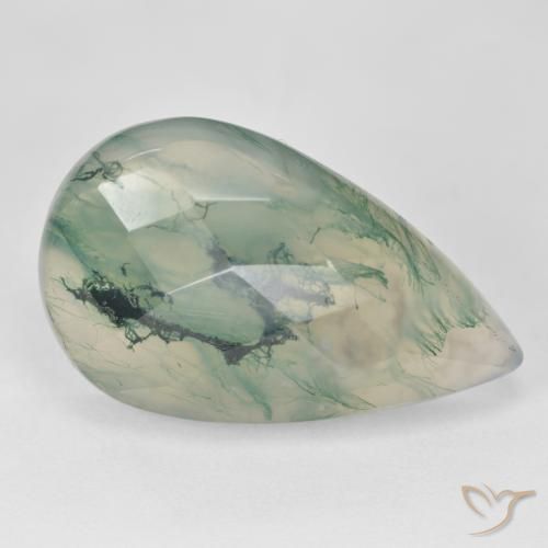 18.99캐럿 천연 라이트 그린 모스 아게이트, 배 모양, 25.6×15.4 mm, 투명한